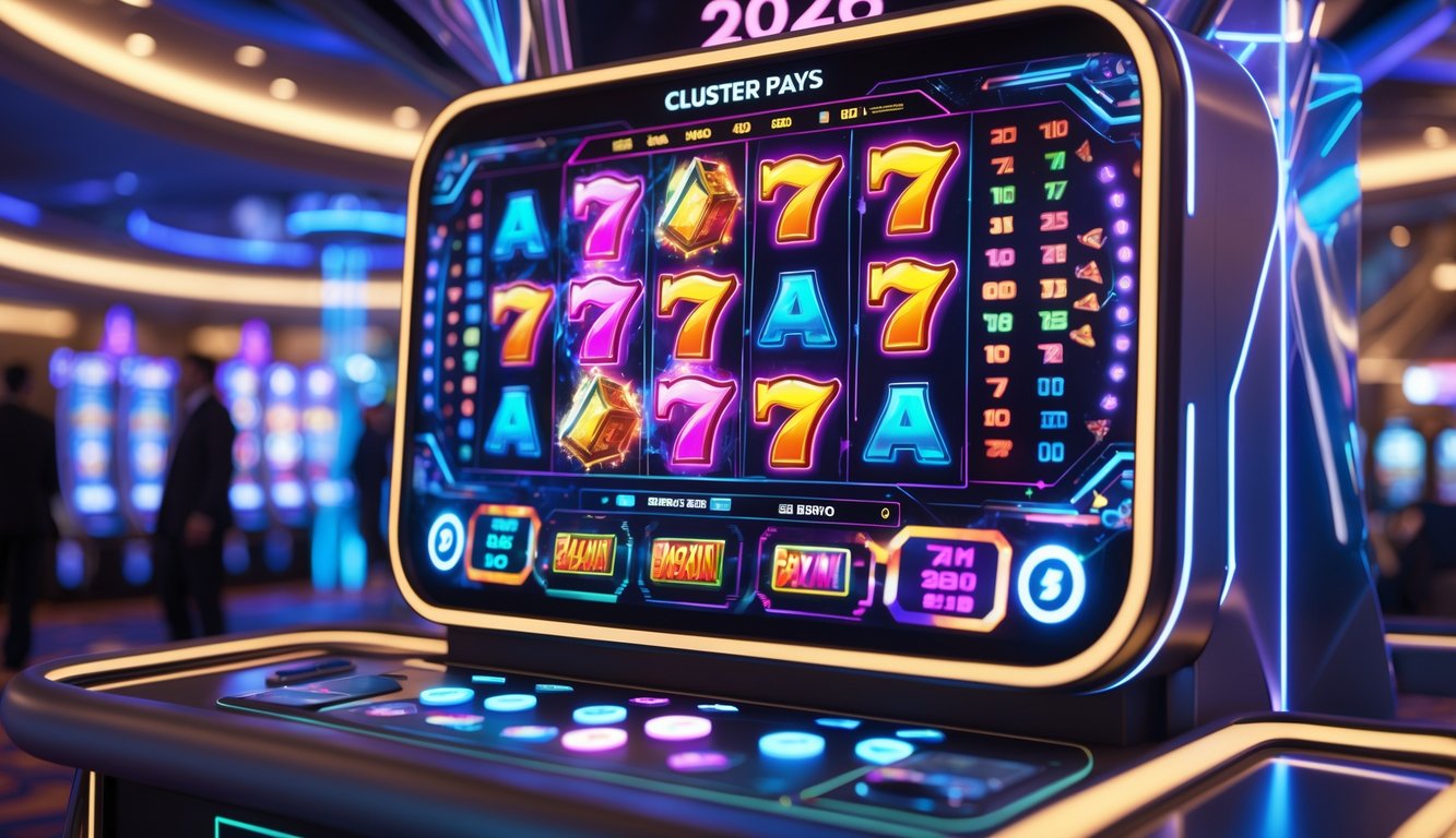 Antarmuka permainan slot digital dengan simbol berwarna cerah yang dikelompokkan, di latar belakang suasana kasino modern.