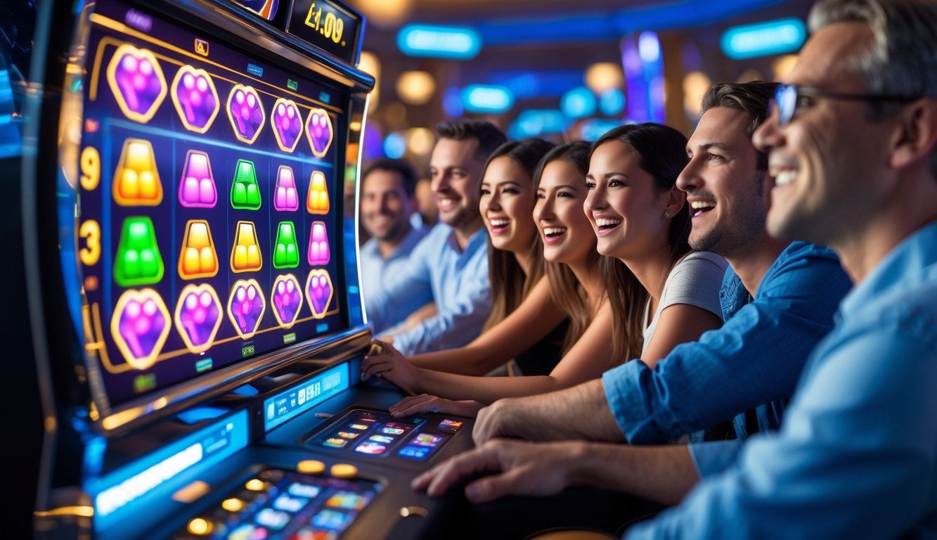 Beberapa orang sedang melihat layar mesin slot dengan simbol warna-warni yang dikelompokkan bersama, menunjukkan cara kerja Cluster Pays dalam permainan slot.