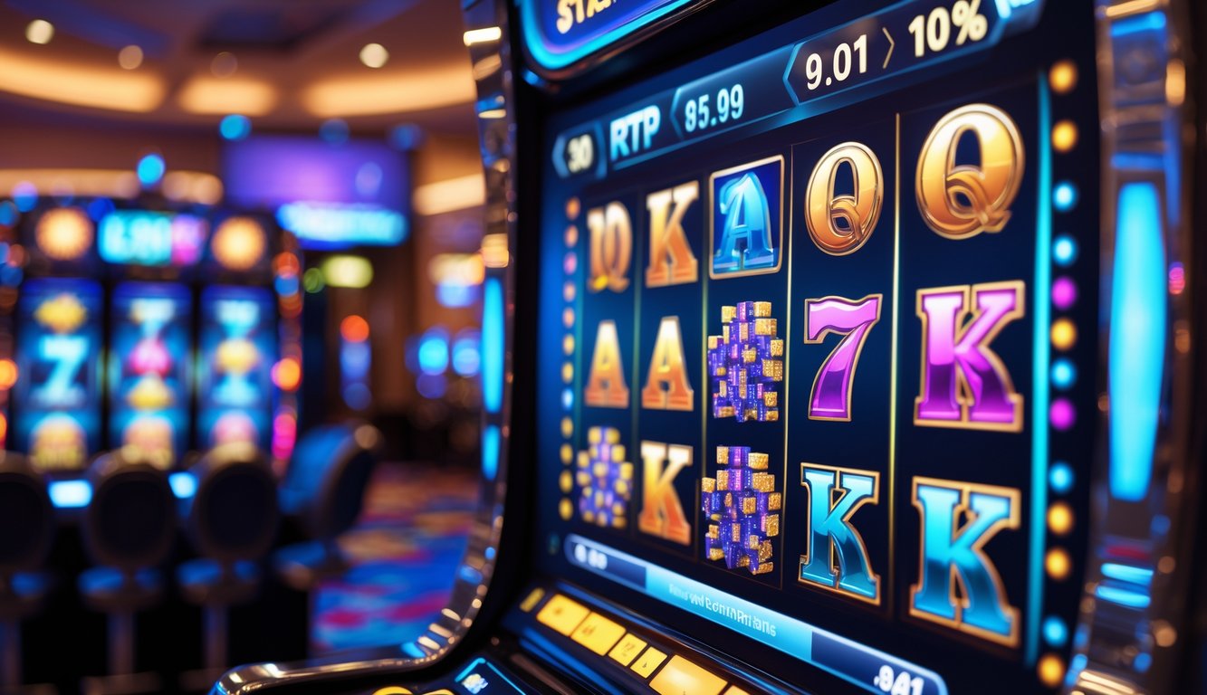 Layar mesin slot di kasino menampilkan simbol warna-warni dalam kelompok dengan grafik statistik permainan di latar belakang kabur.
