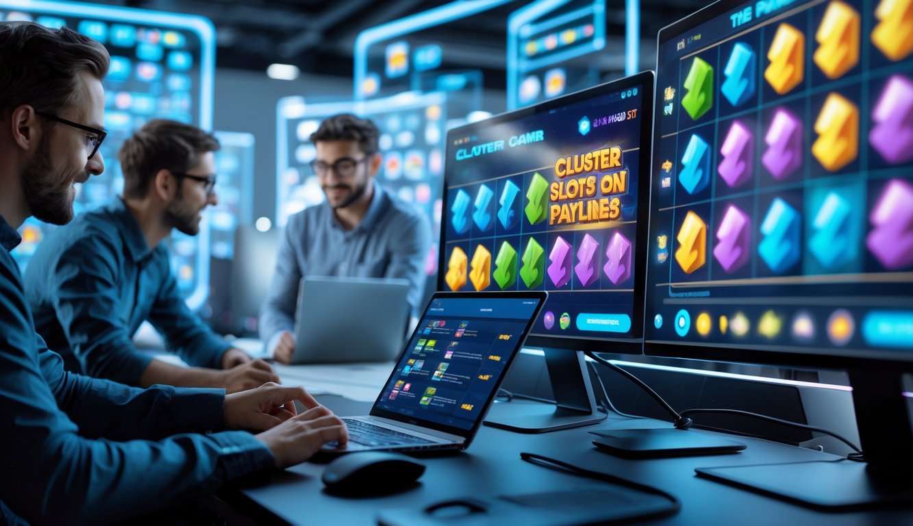 Ruang kerja pengembangan permainan dengan beberapa monitor menampilkan grafik permainan slot dan tim pengembang yang bekerja bersama.