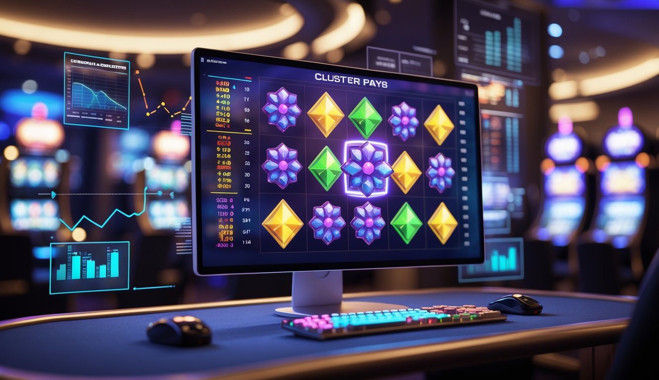 Sebuah layar komputer menampilkan grafik permainan kasino dengan simbol yang dikelompokkan, dikelilingi oleh grafik statistik di latar belakang kasino yang remang-remang.