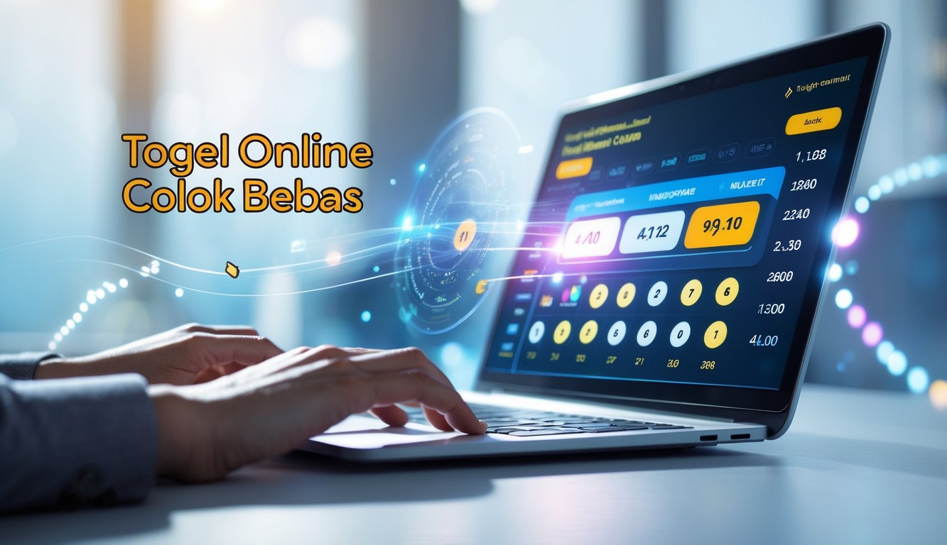 Sebuah perangkat digital menampilkan antarmuka lotere online dengan angka dan grafik, dikelilingi elemen digital abstrak yang melambangkan aliran data dan peluang.