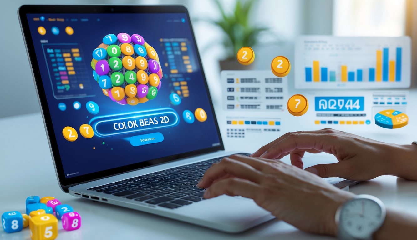 Seseorang menggunakan laptop dengan tampilan angka dan grafik terkait prediksi nomor secara online.