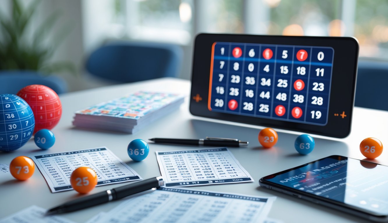 Meja dengan tiket togel, bola bernomor, dan perangkat digital yang menampilkan angka acak dalam suasana perjudian lotere.