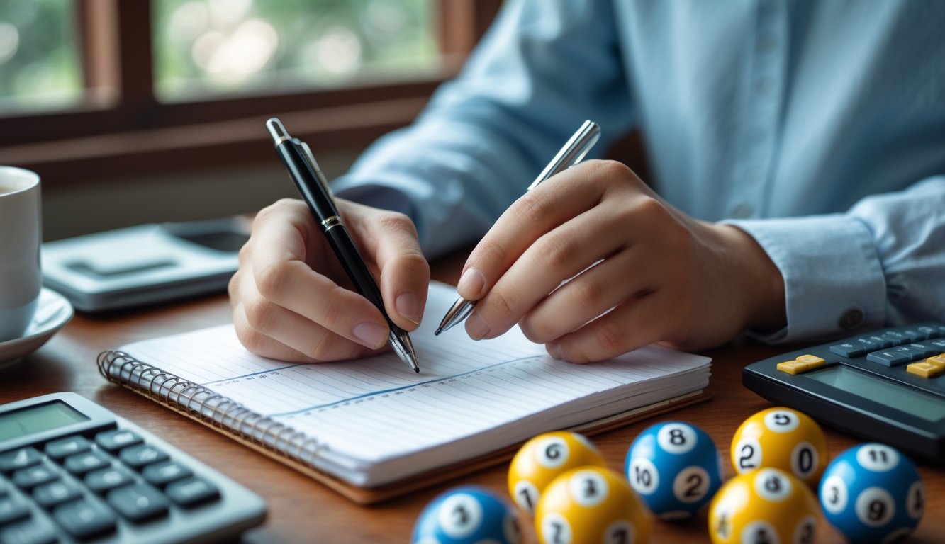 Tangan seseorang sedang menulis dan menghitung di atas meja dengan bola togel bernomor dan alat tulis di sekitarnya.