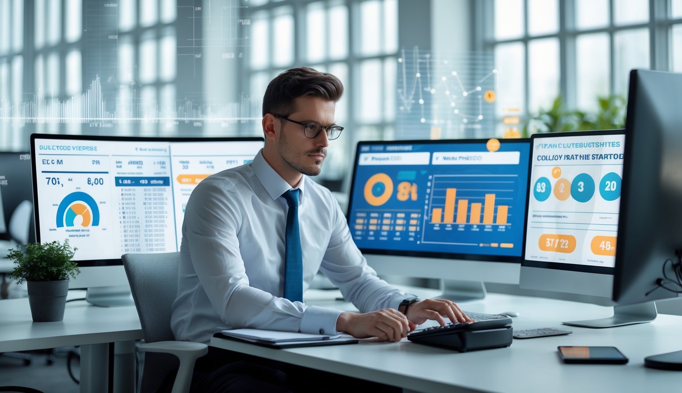 Seorang profesional bisnis sedang menganalisis data angka di depan komputer di kantor modern yang terang.