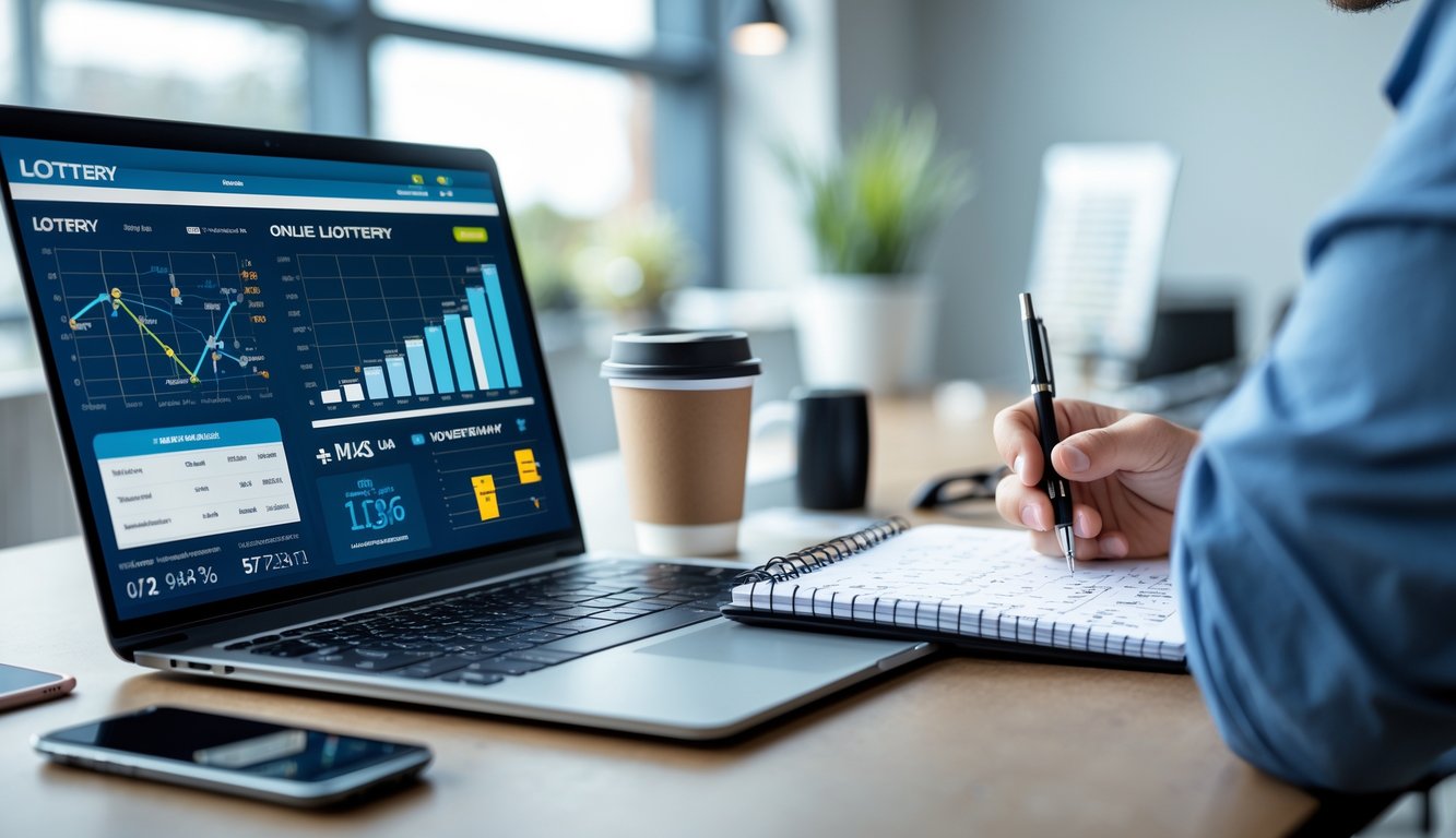 Seorang pria sedang menganalisis data di depan laptop di ruang kerja yang rapi dan terang.