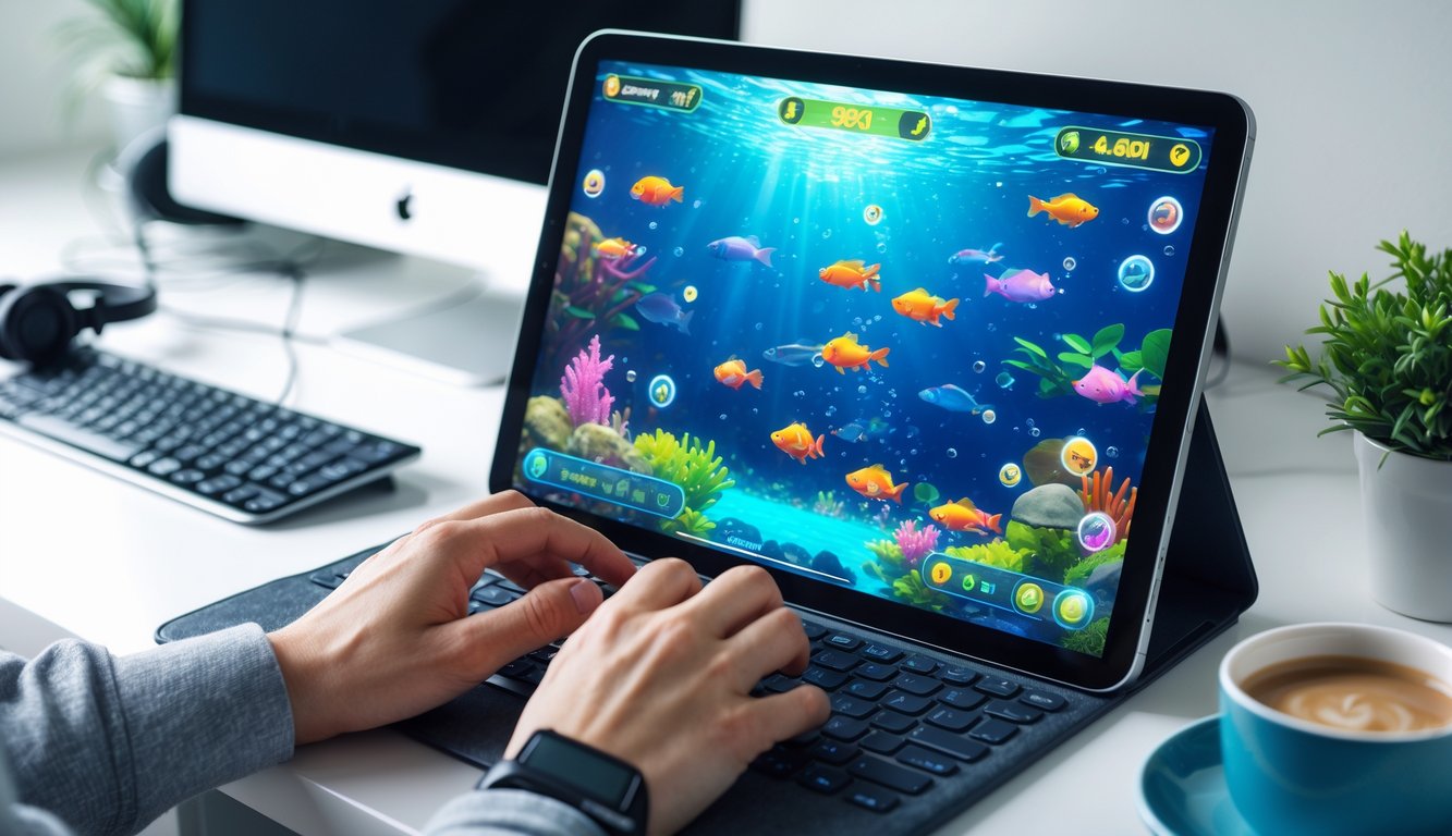 Seseorang sedang bermain game tembak ikan 2D online di layar komputer dengan latar belakang meja kerja yang rapi.