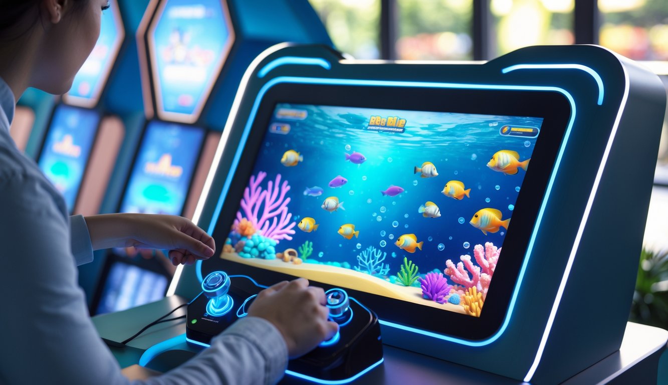 Tangan seseorang bermain permainan menembak ikan 2D dengan layar menampilkan ikan-ikan berwarna-warni di bawah laut.