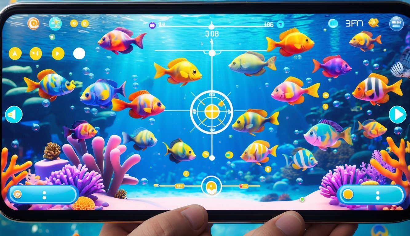 Layar perangkat digital menampilkan permainan menembak ikan 2D dengan berbagai ikan berwarna-warni berenang di latar bawah laut.