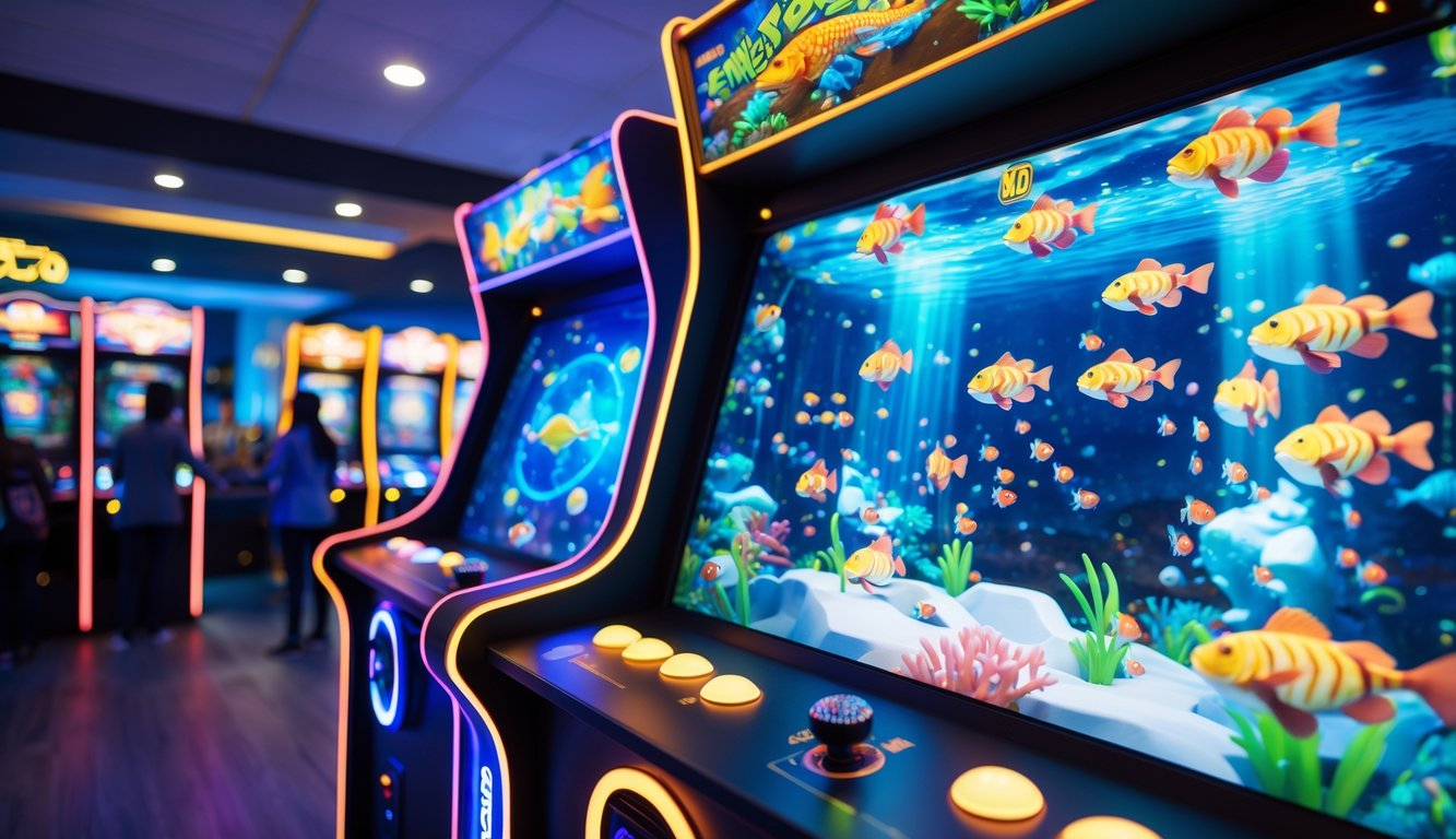 Mesin permainan tembak ikan 2D di pusat permainan dengan layar berwarna dan lampu LED, menampilkan suasana arcade yang ramai.