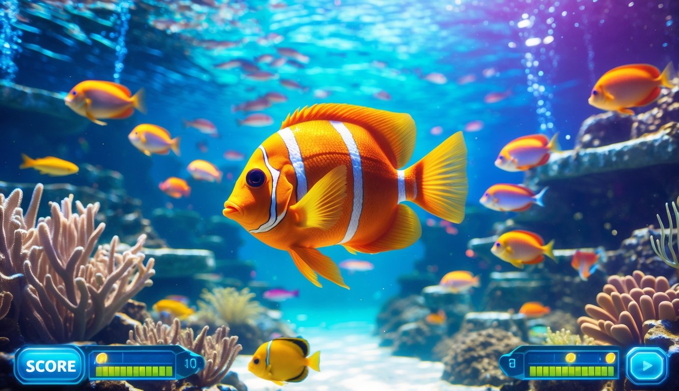 Pemandangan bawah laut dengan berbagai ikan tropis berwarna-warni dan terumbu karang yang hidup.