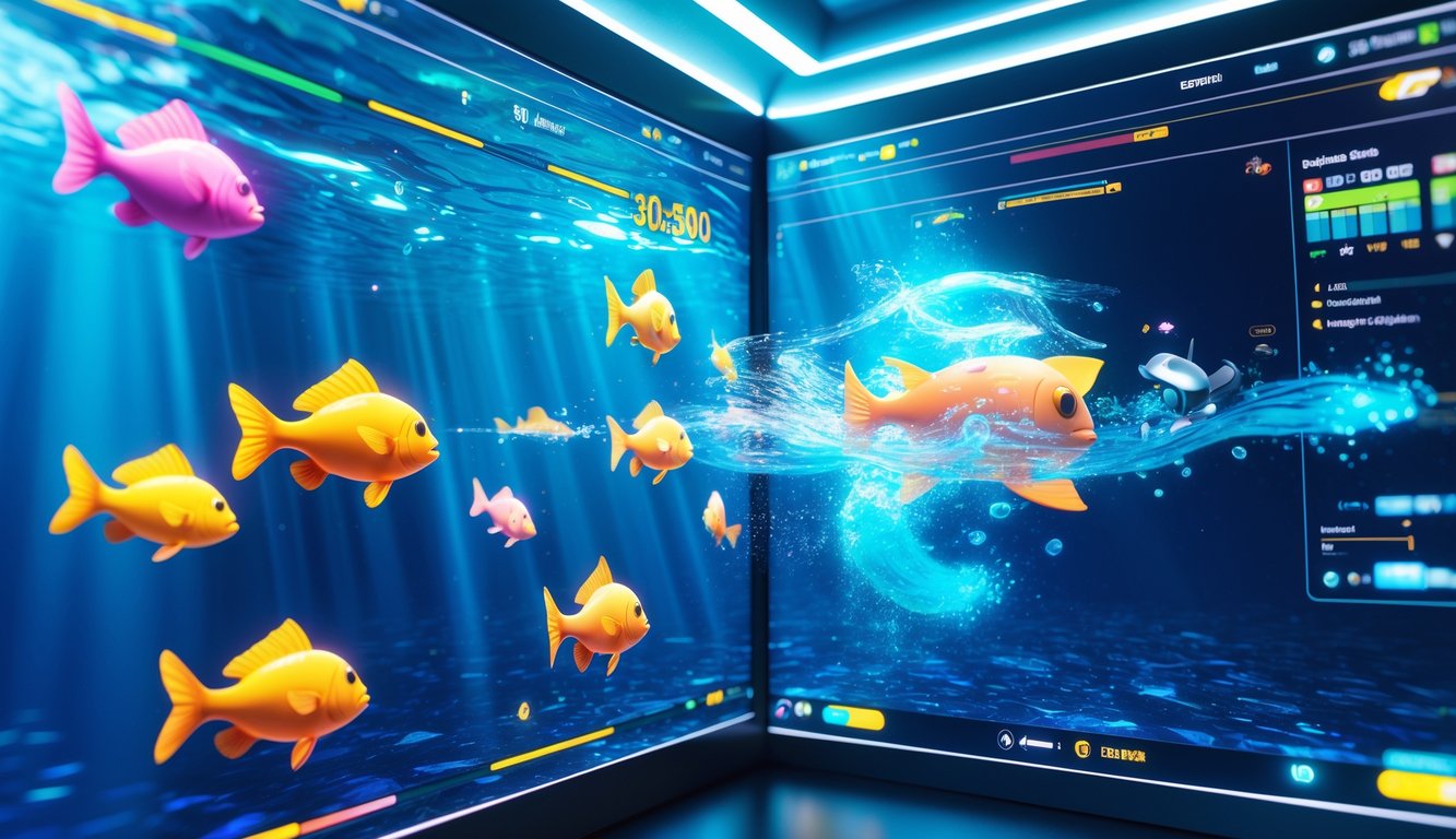 Tampilan antarmuka game menembak ikan 2D dengan berbagai ikan berwarna-warni di layar perangkat digital.