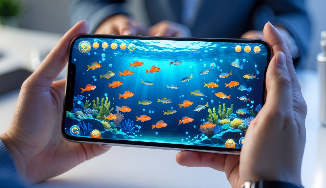 Tangan memegang ponsel yang menampilkan permainan tembak ikan 2D dengan ikan berwarna-warni di latar bawah laut.
