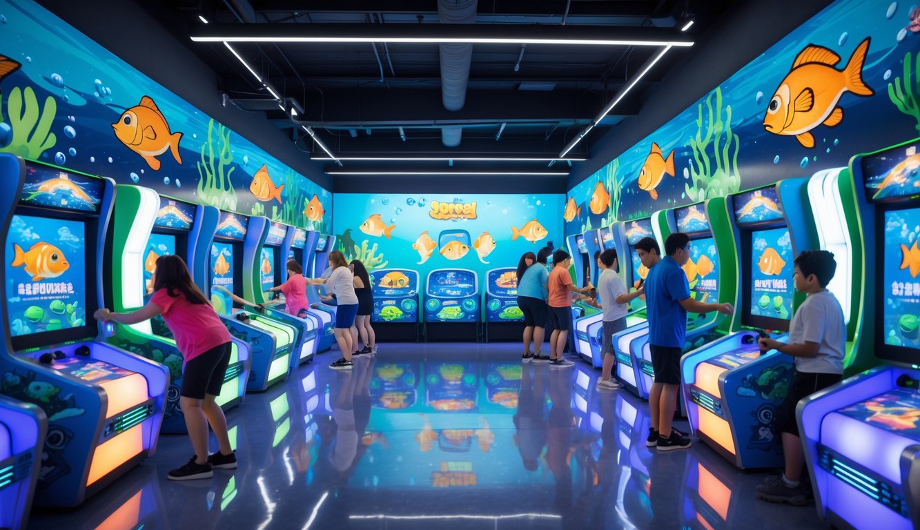 Suasana arcade dalam ruangan dengan banyak mesin permainan tembak ikan 2D yang berwarna-warni dan beberapa orang sedang bermain.