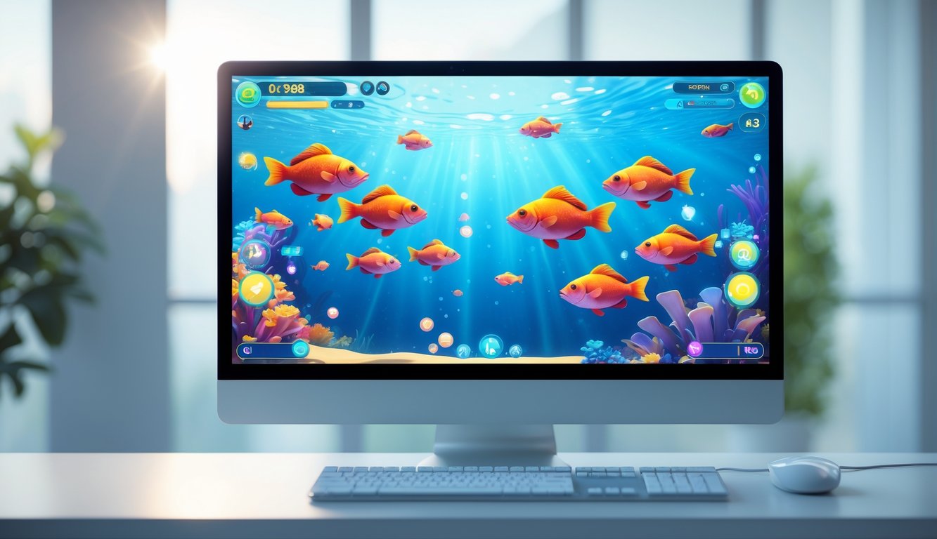 Layar komputer menampilkan permainan tembak ikan 2D online dengan ikan berwarna-warni berenang di latar bawah laut.