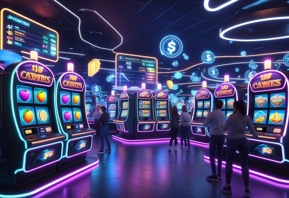 Suasana kasino futuristik dengan mesin slot berwarna-warni dan pemain yang sedang bermain di lantai kasino.