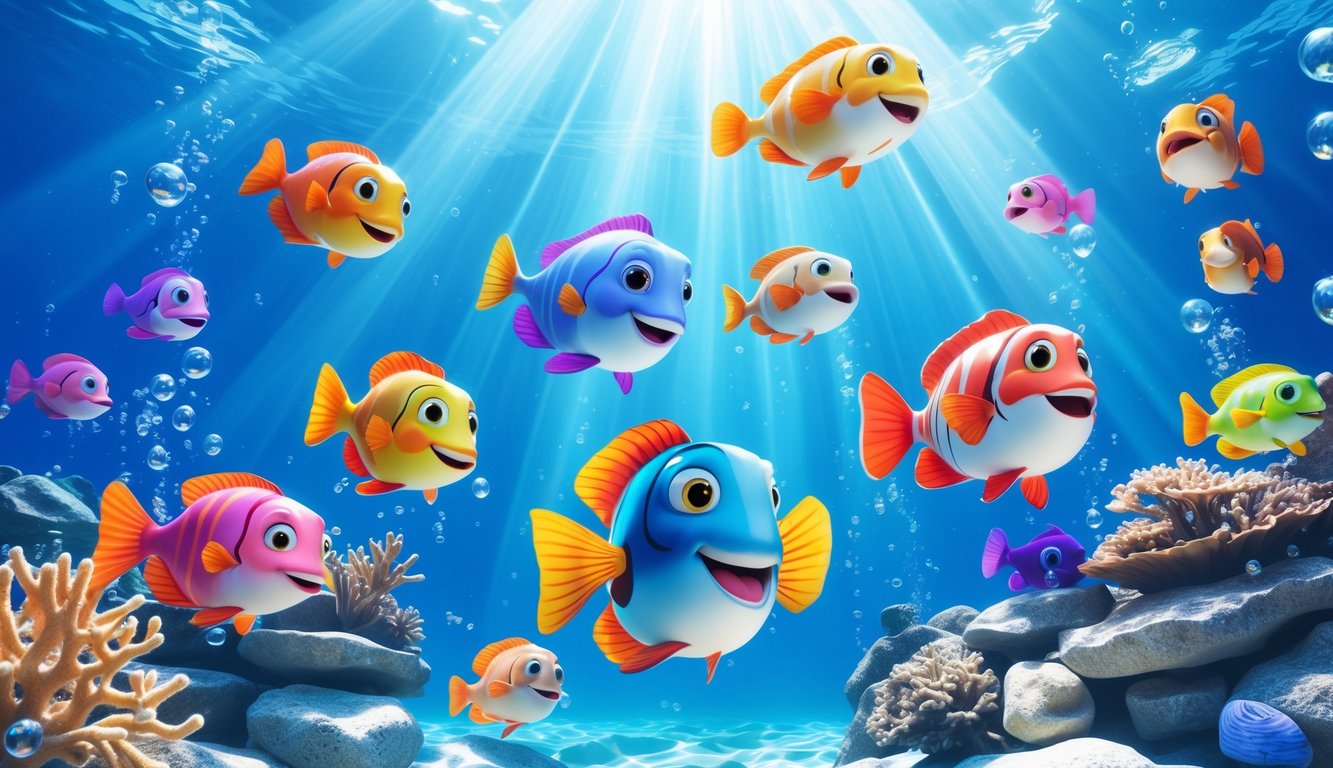 Pemandangan bawah laut dengan ikan warna-warni berenang di air jernih yang diterangi cahaya.