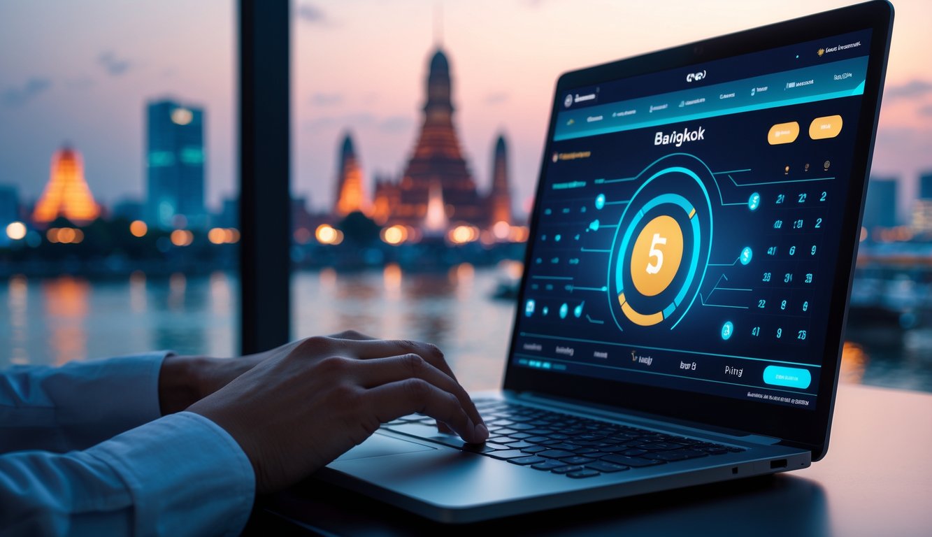 Seseorang menggunakan laptop di meja dengan latar belakang pemandangan kota Bangkok pada sore hari.