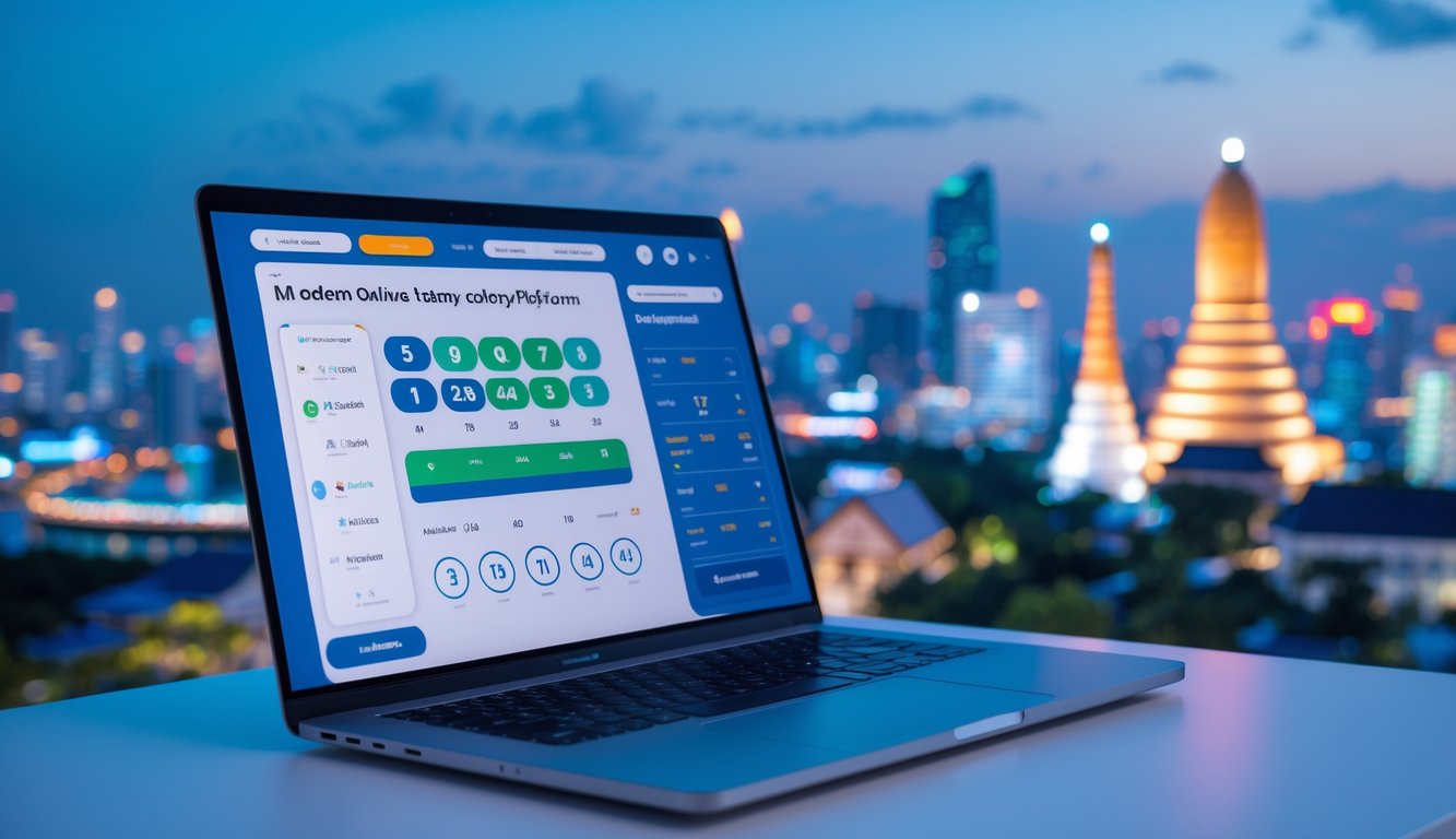 Seorang pria menggunakan laptop di meja dengan latar belakang pemandangan kota Bangkok yang cerah dan modern.