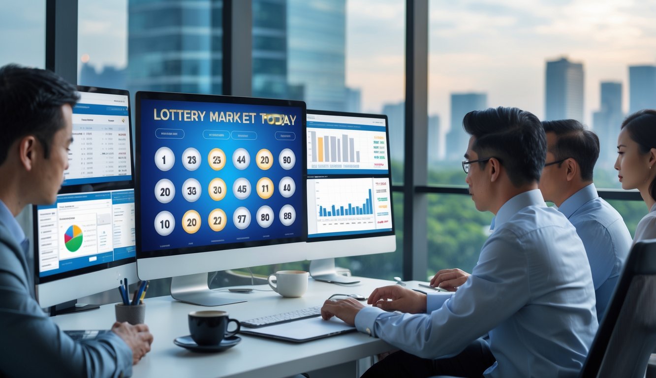 Orang-orang sedang bekerja di kantor dengan layar komputer yang menampilkan antarmuka permainan angka, dengan pemandangan kota Bangkok di latar belakang.