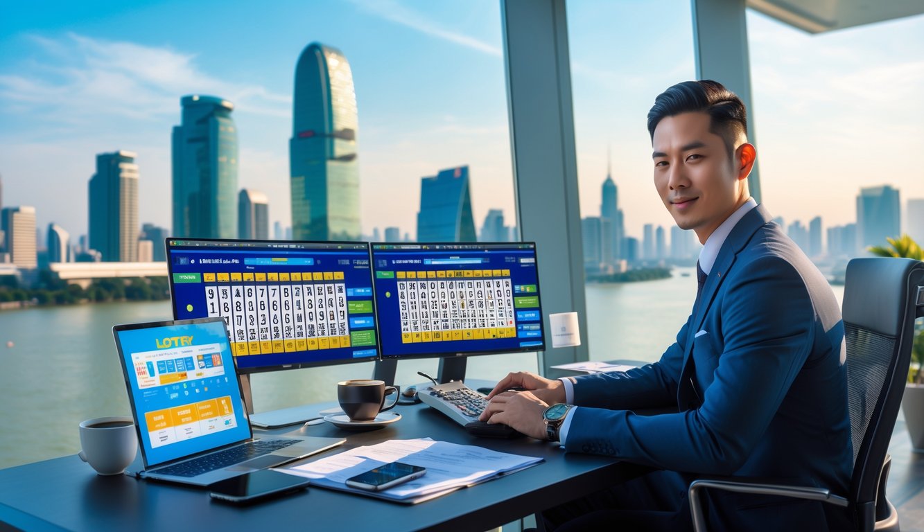 Seorang pria Asia duduk di meja kantor dengan pemandangan kota Bangkok di latar belakang, sedang menganalisis data di layar komputer.