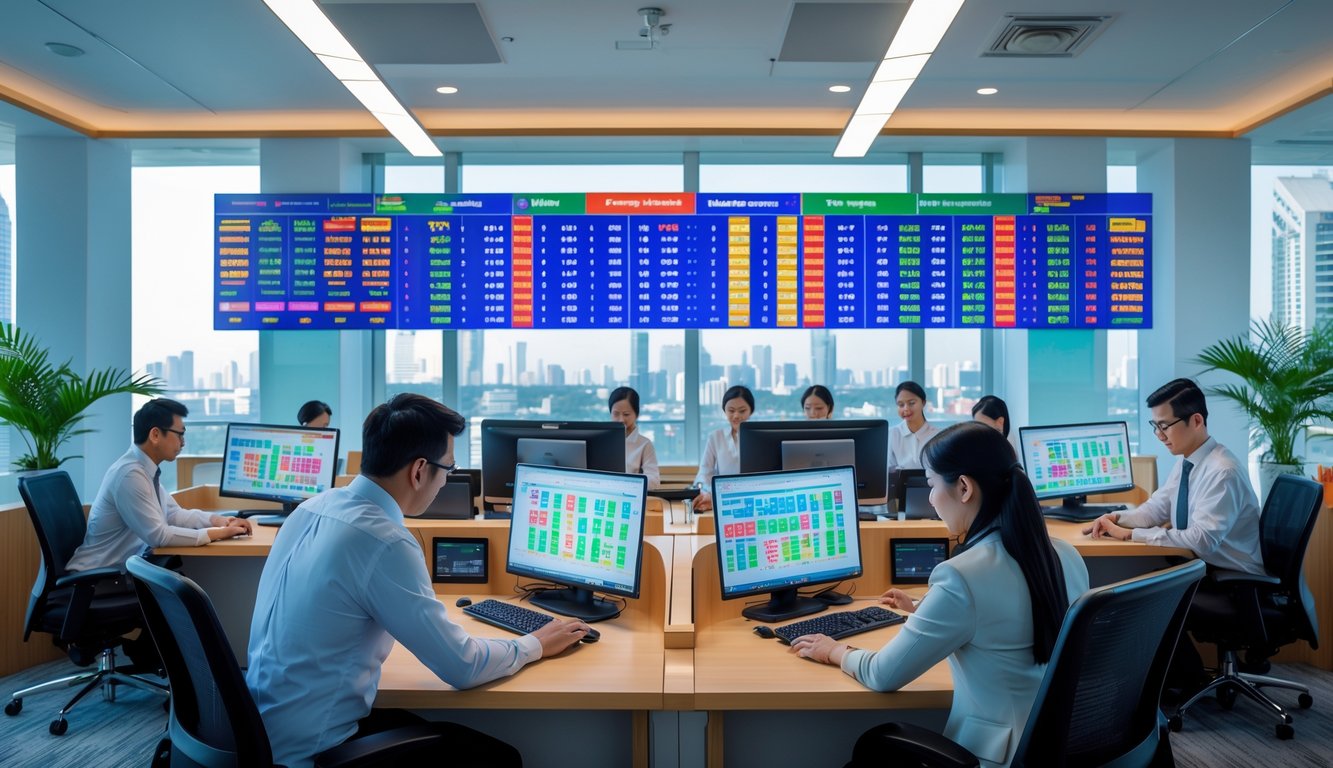 Suasana kantor modern dengan beberapa orang bekerja di depan komputer, menampilkan layar digital dengan grafik dan angka terkait lotere di latar belakang kota Bangkok.