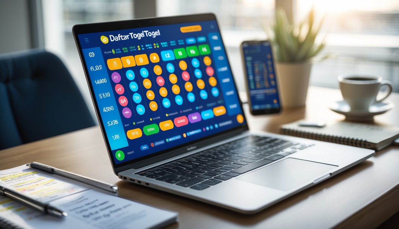 Seorang pria menggunakan laptop di meja kerja dengan tampilan antarmuka situs togel online, di sekitar meja terdapat ponsel, cangkir kopi, dan buku catatan.