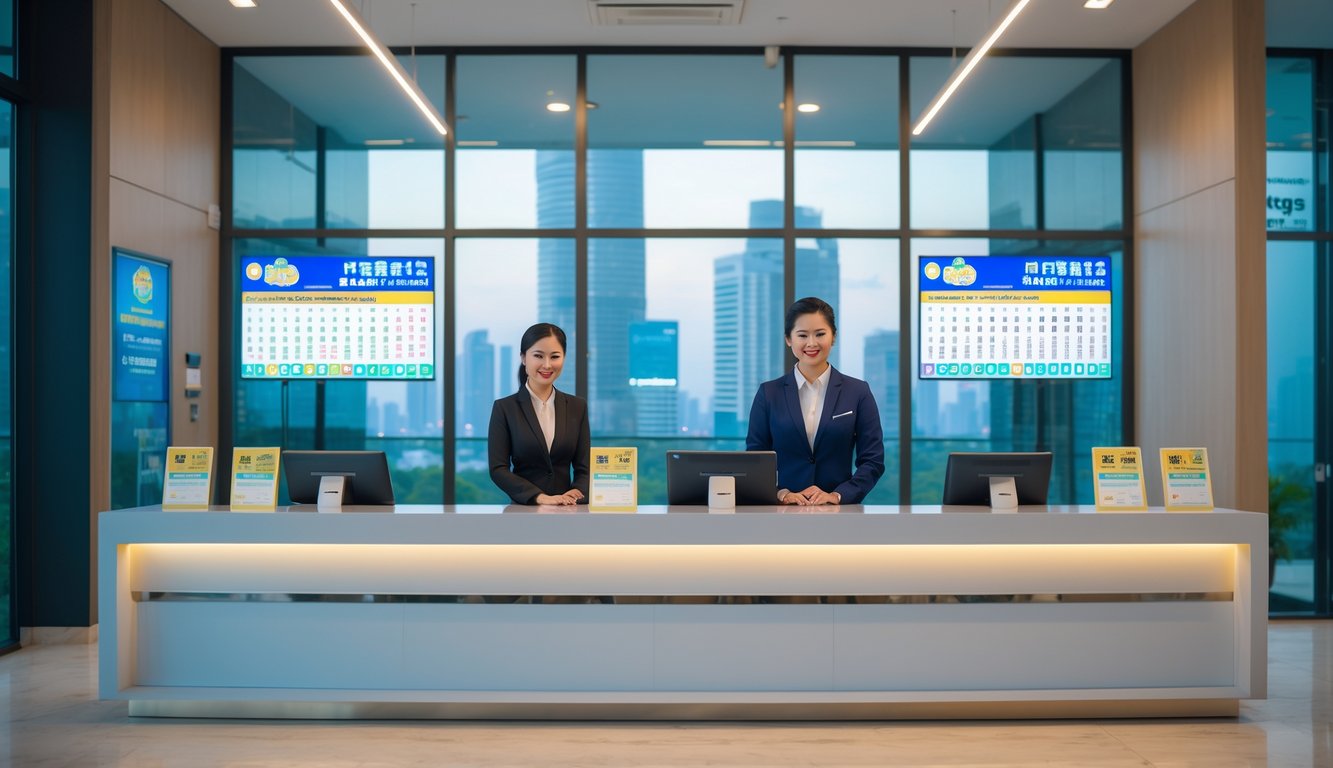 Seorang pria dan wanita Asia berdiri di balik meja layanan agen togel dengan tiket dan layar digital, latar belakang menunjukkan pemandangan kota Bangkok melalui jendela besar.