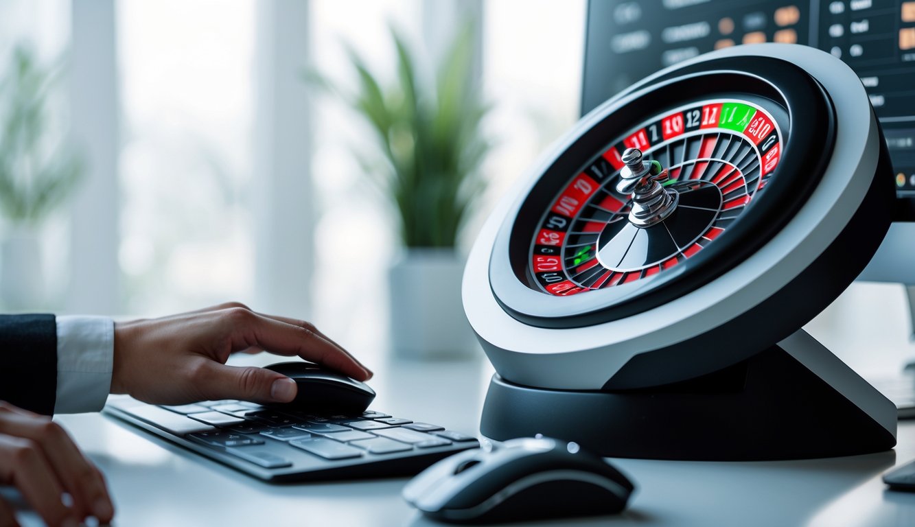 Seseorang sedang bermain roulette online di komputer dengan tampilan roda roulette digital yang jelas.