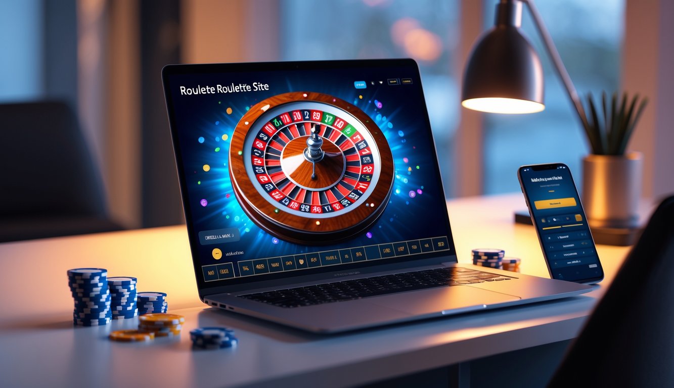 Sebuah laptop menampilkan roda roulette berputar di layar dengan chip digital dan ponsel di meja yang rapi.