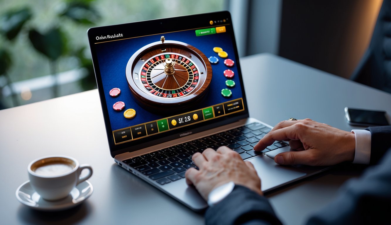 Seseorang sedang bermain roulette online di laptop dengan meja yang rapi dan suasana terang.