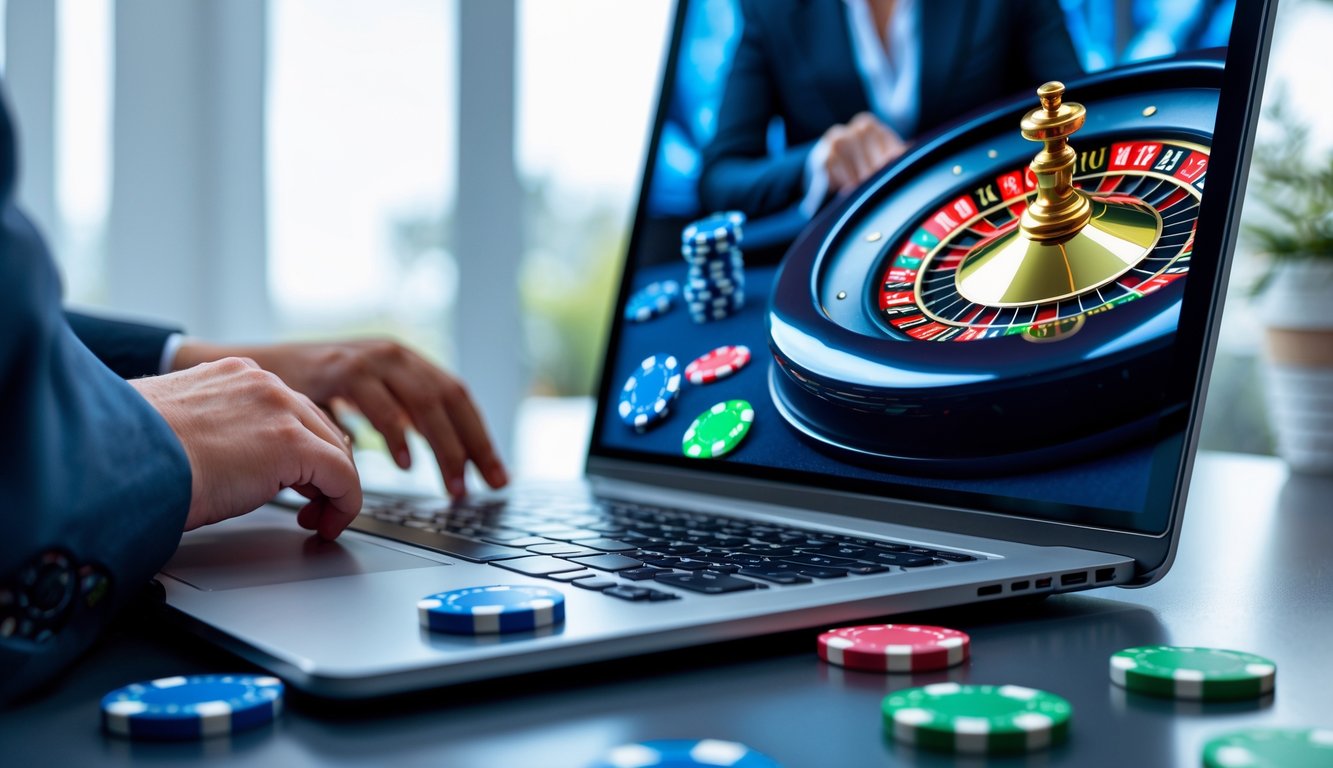 Seseorang menggunakan komputer dengan layar menampilkan roda roulette online yang berputar dan chip taruhan.