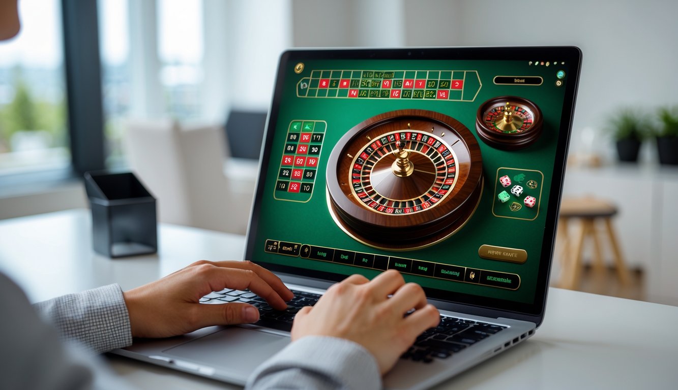 Seseorang menggunakan laptop dengan tampilan permainan roulette online yang sedang berputar lancar.
