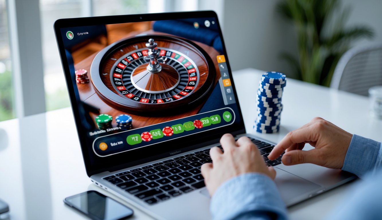 Seseorang sedang bermain roulette online di komputer dengan suasana ruang kerja yang rapi dan pencahayaan terang.