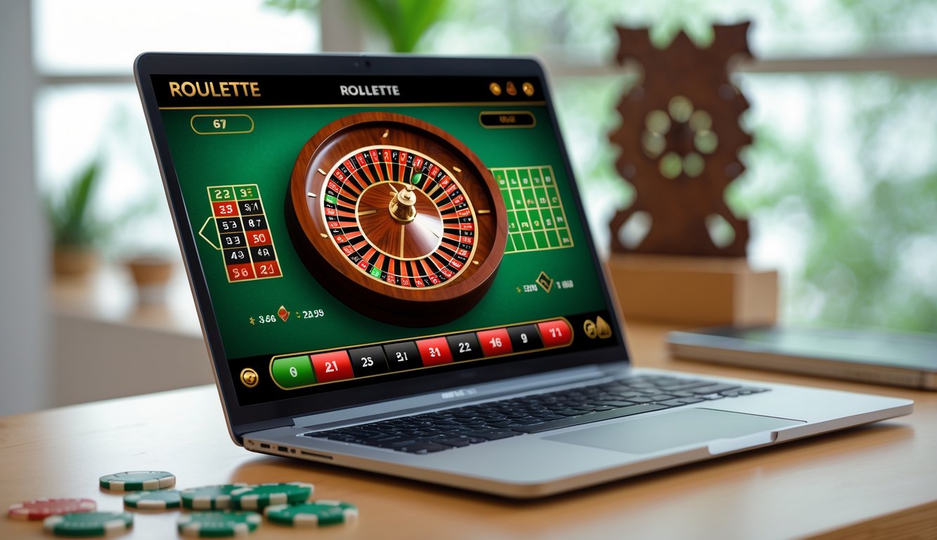 Layar laptop menampilkan permainan roulette online dengan roda roulette berwarna merah, hitam, dan hijau serta chip digital di meja taruhan, di atas meja kayu dengan latar belakang ruangan yang nyaman.