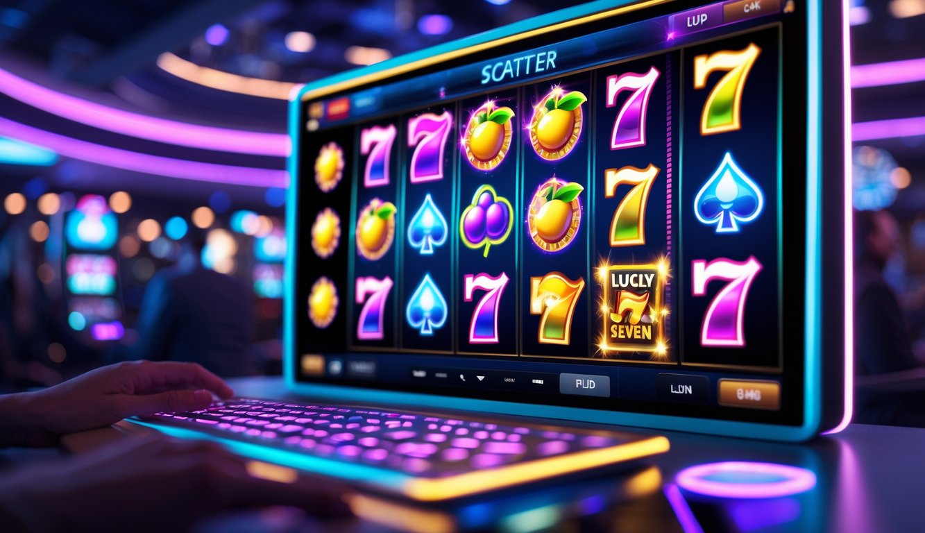 Layar komputer menampilkan mesin slot online dengan simbol liar dan scatter yang berwarna-warni dalam ruangan permainan dengan pencahayaan neon.