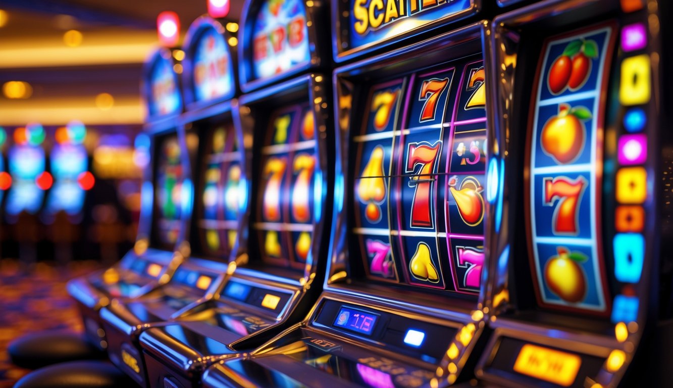 Mesin slot modern dengan simbol scatter yang menonjol di layar dalam suasana kasino yang hangat.