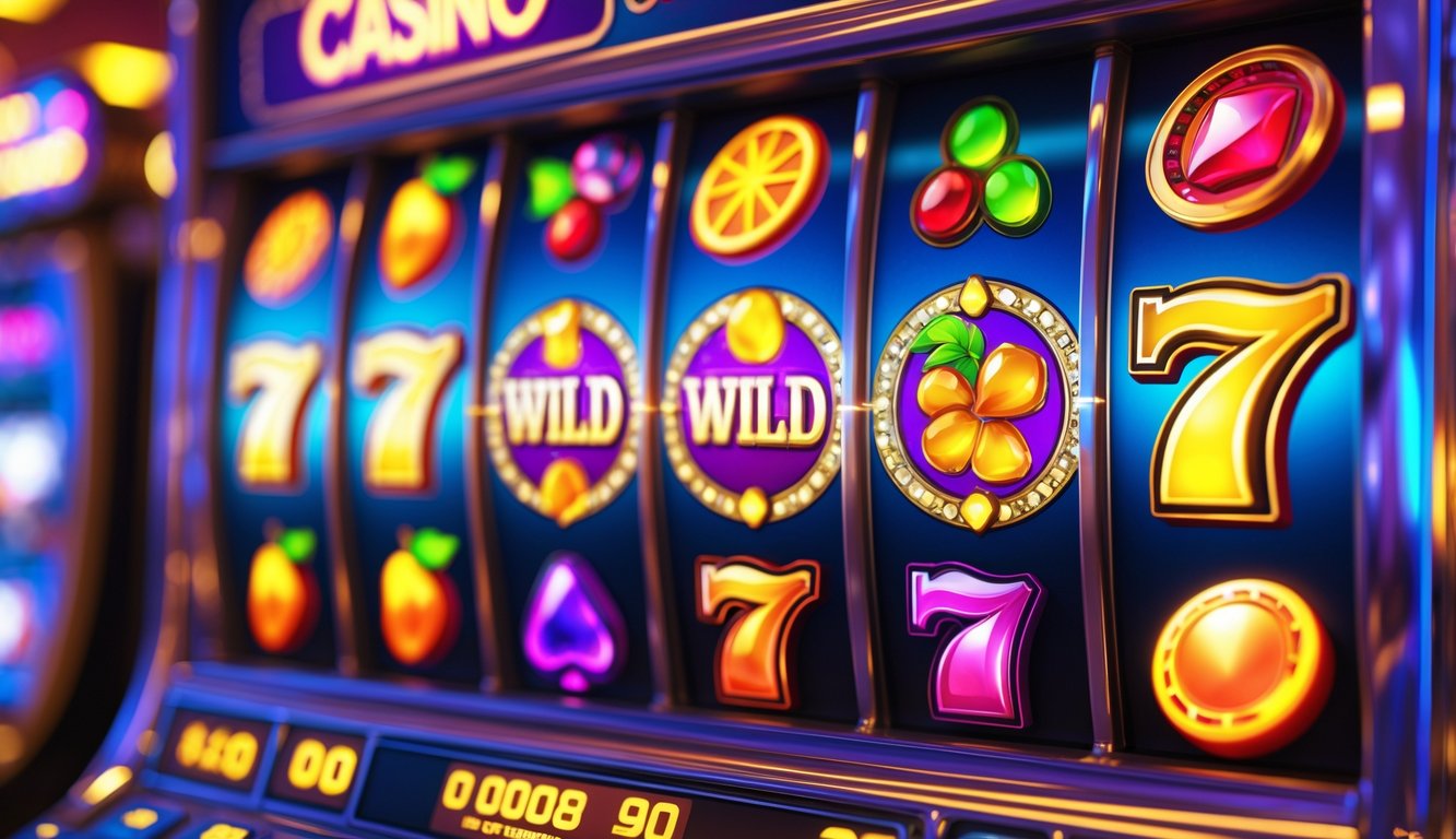 Tampilan dekat mesin slot kasino dengan simbol Wild dan Scatter yang berwarna cerah dan menarik.