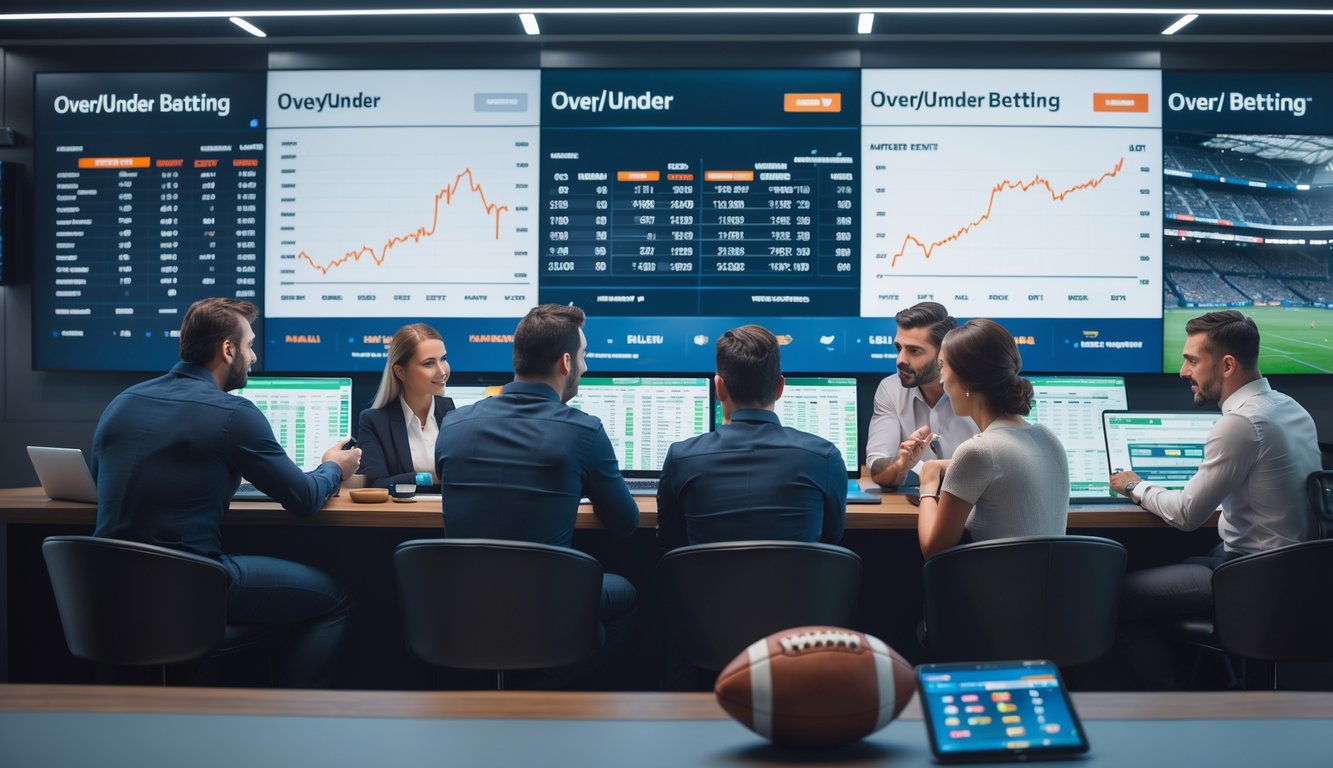 Sekelompok orang sedang menganalisis statistik pertandingan sepak bola di ruang modern dengan layar digital besar dan perangkat elektronik.