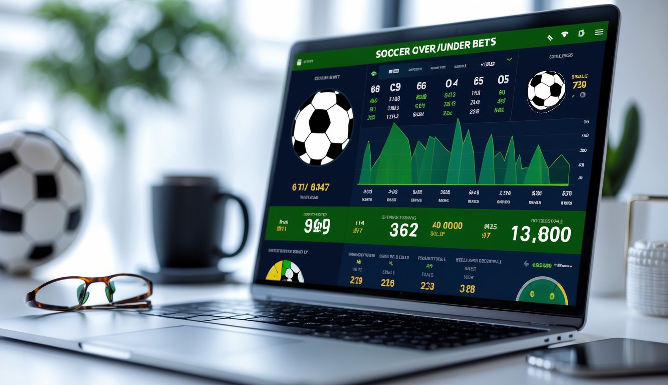 Seorang pria menggunakan laptop di meja dengan antarmuka taruhan sepak bola over under yang menampilkan grafik dan statistik, di sekitar meja terdapat bola sepak dan cangkir kopi.