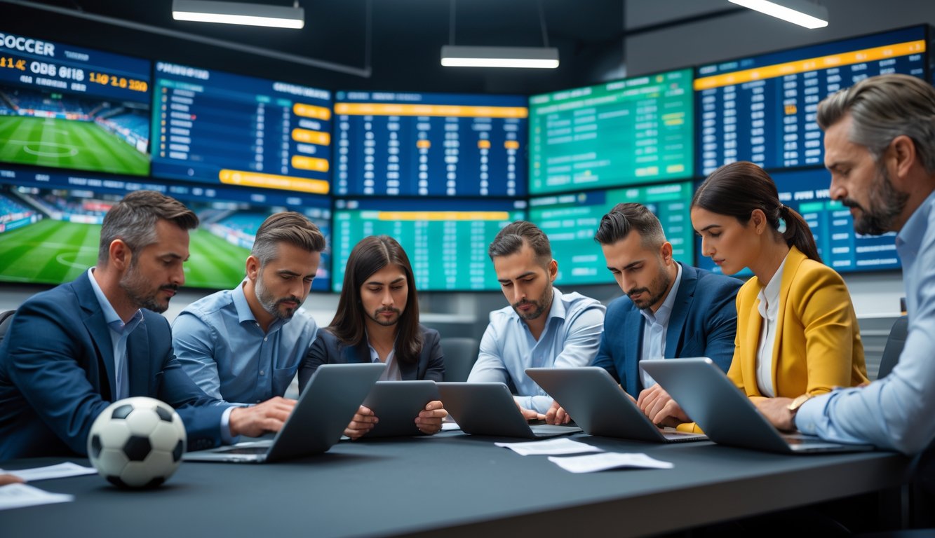 Orang-orang sedang melihat layar dan berdiskusi di ruangan yang menampilkan statistik dan peluang taruhan sepak bola.