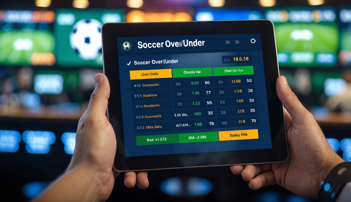 Seseorang memegang perangkat digital yang menampilkan opsi taruhan over/under untuk pertandingan sepak bola hari ini, dengan latar belakang suasana tempat taruhan olahraga.