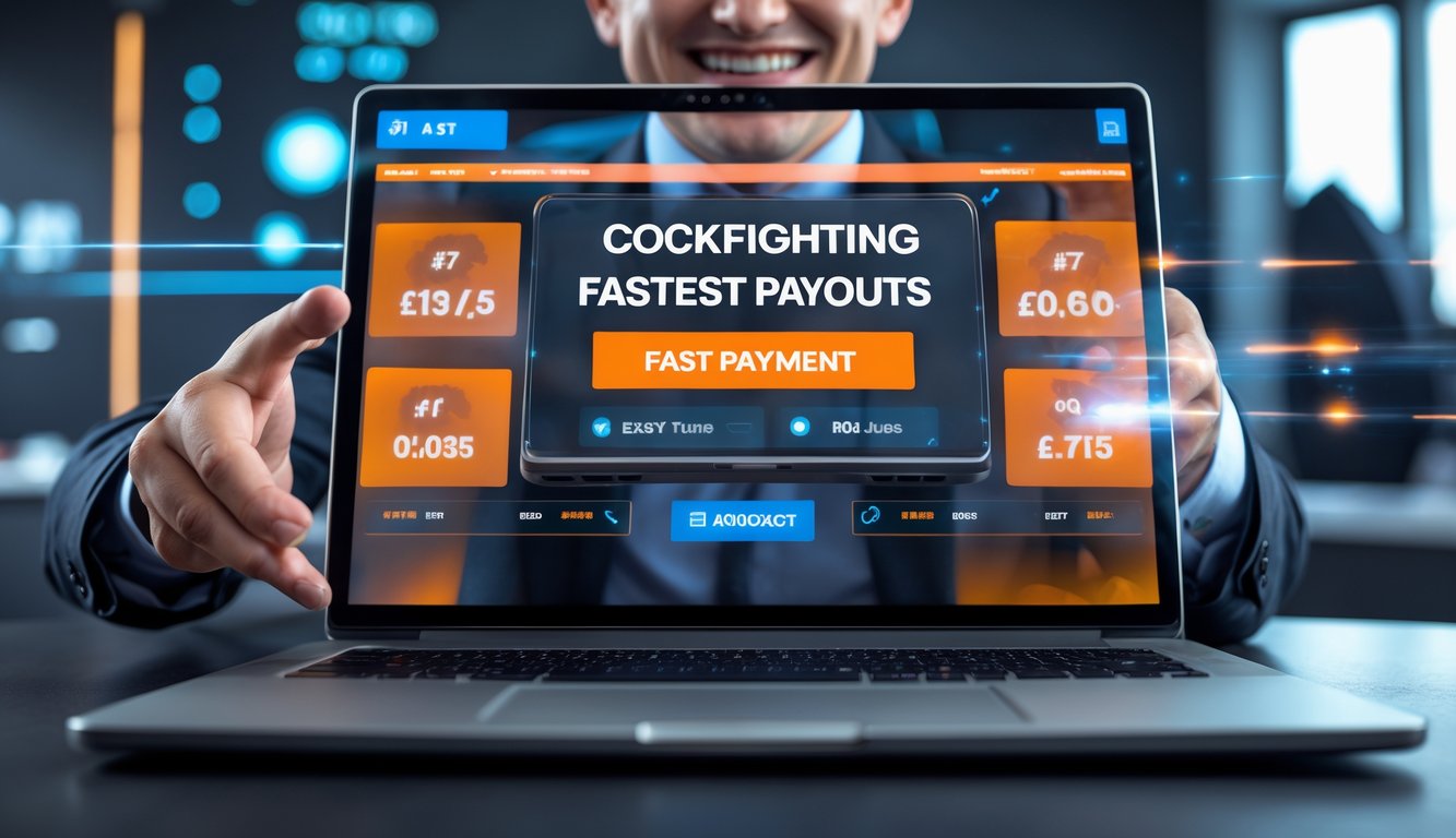 Seorang dewasa muda menggunakan perangkat digital untuk bertaruh sabung ayam dengan ekspresi senang di ruangan modern.