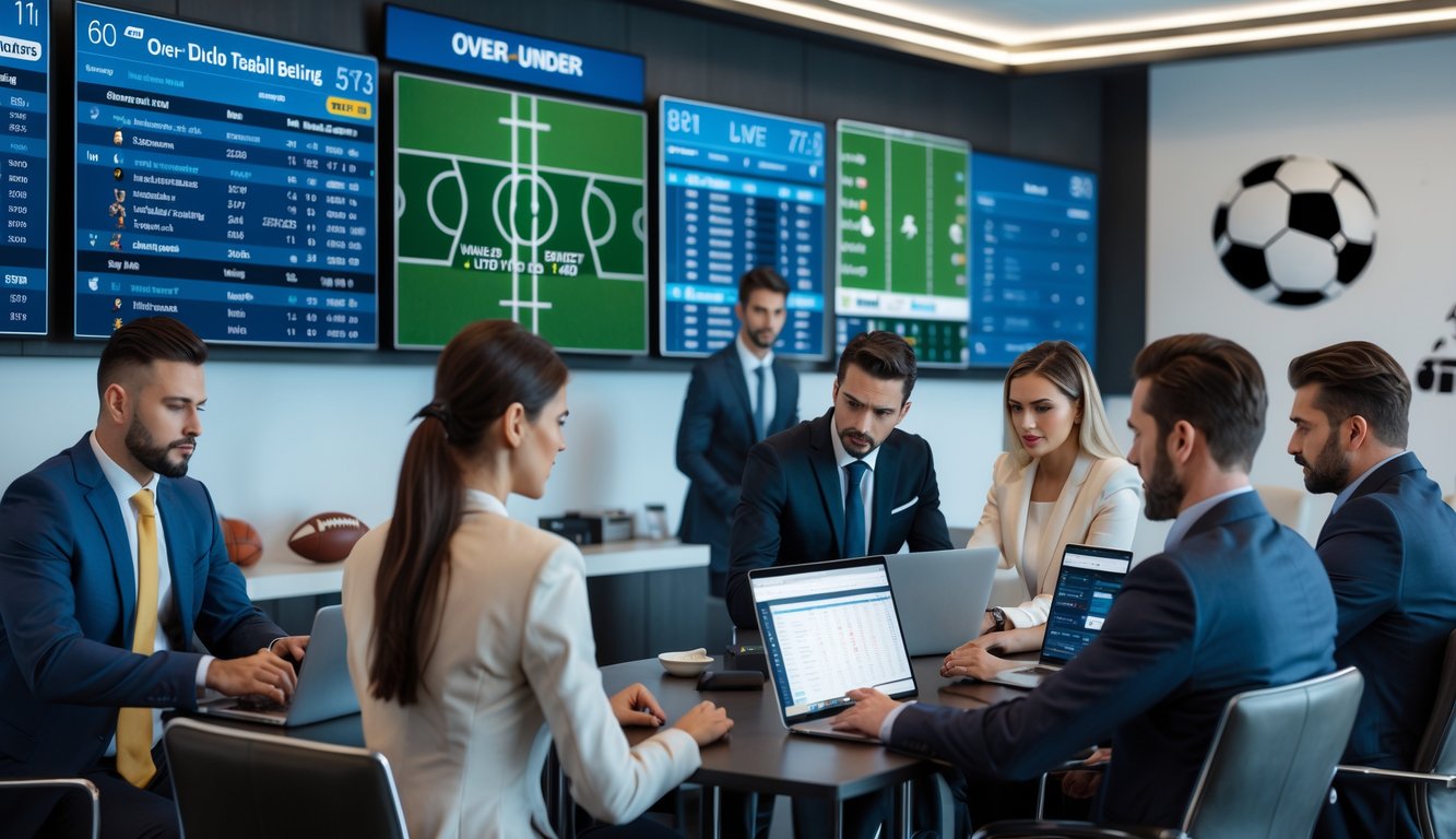 Orang-orang sedang menganalisis data dan memasang taruhan sepak bola di ruang modern dengan layar digital yang menampilkan statistik pertandingan.