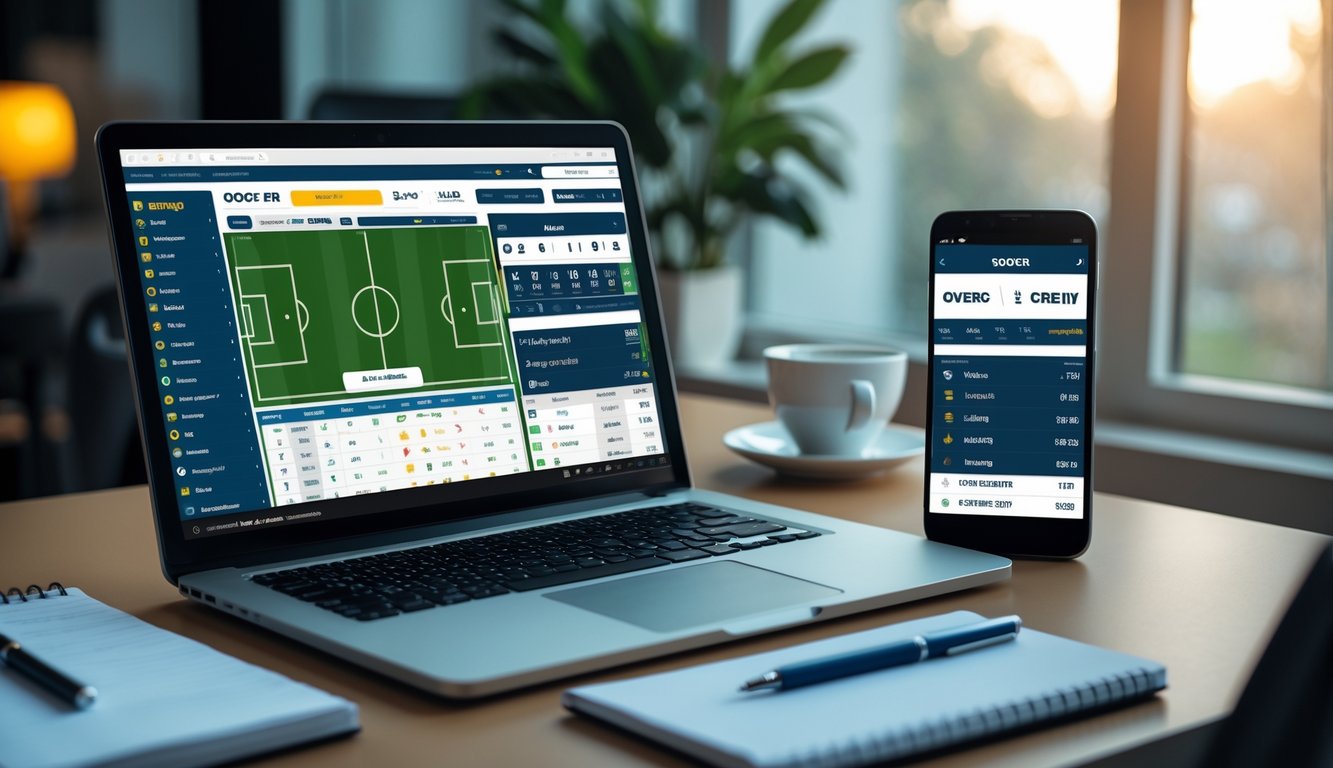 Seseorang menggunakan laptop dan ponsel untuk memasang taruhan bola over under secara online di meja kerja dengan secangkir kopi dan alat tulis.