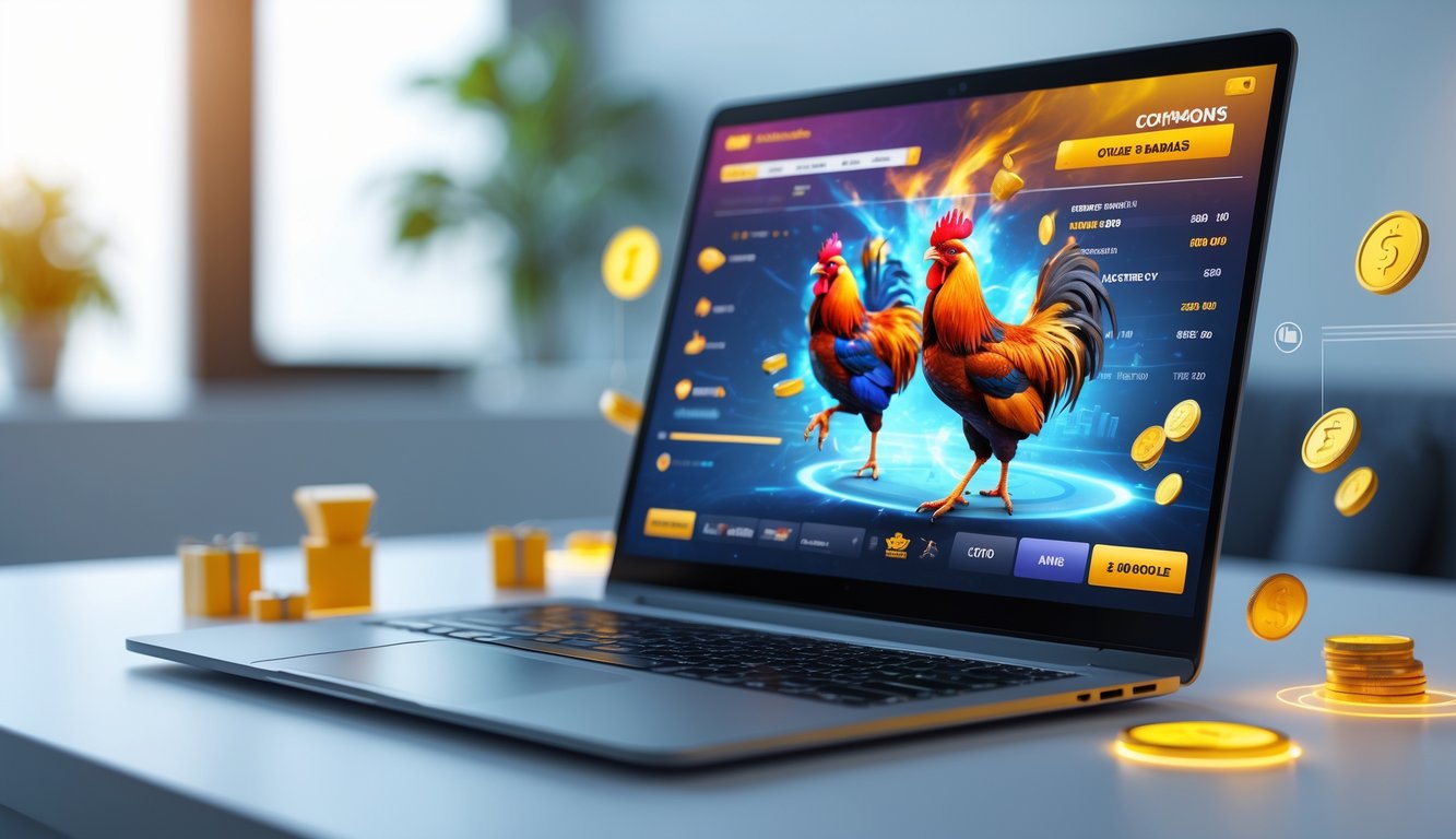 Seorang pengguna bekerja dengan laptop yang menampilkan permainan sabung ayam online dengan grafik ayam jago yang dinamis dan elemen bonus digital di sekitar layar.