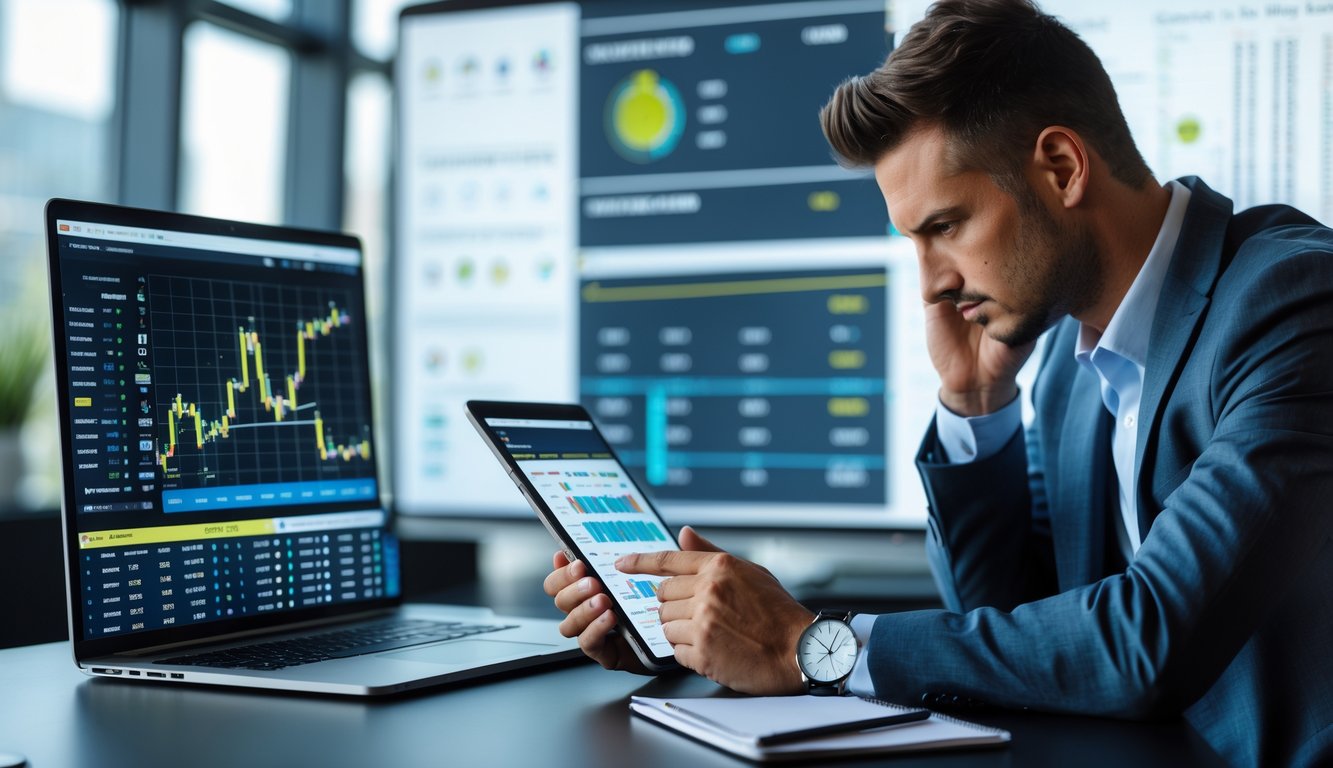 Seorang pria sedang menganalisis data prediksi skor pertandingan sepak bola di depan laptop dan tablet di ruang kerja modern.