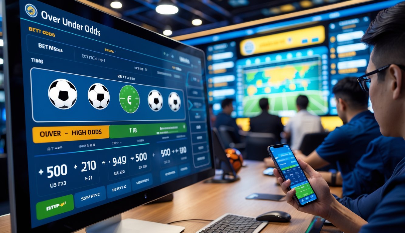 Suasana ruang taruhan olahraga modern dengan layar digital menampilkan statistik taruhan over under sepak bola dan para petaruh yang fokus menganalisis data.
