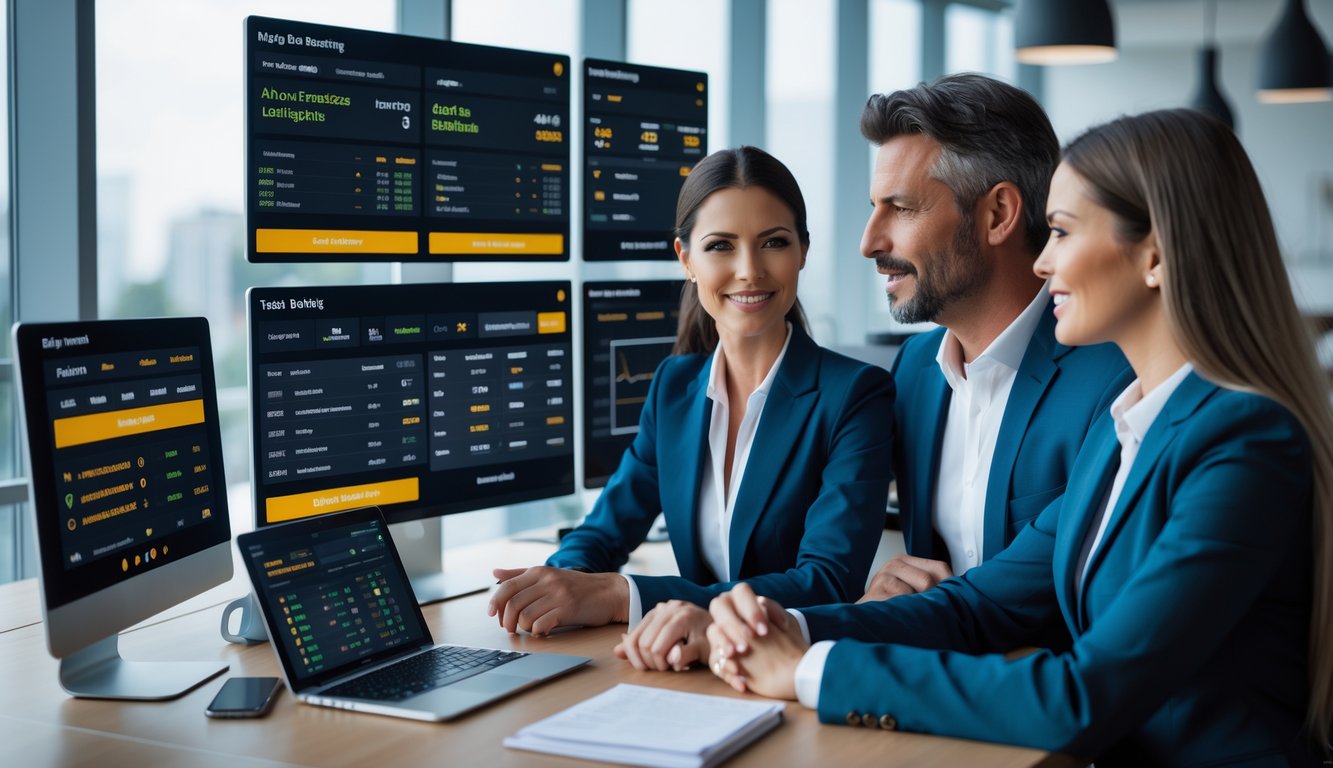 Dua orang sedang menganalisis data taruhan olahraga di sebuah kantor modern.